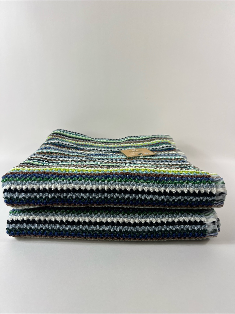 Deborah Connolly Bath Towels Boho Striped Bright Teal Green Blue Soft 2 Pc NEW